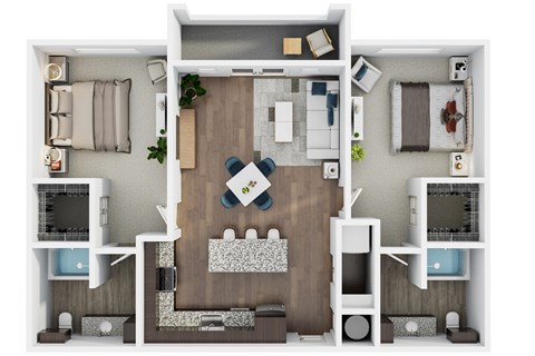 A top-down view of a modern apartment layout with a kitchen, living room, and two bedrooms.
